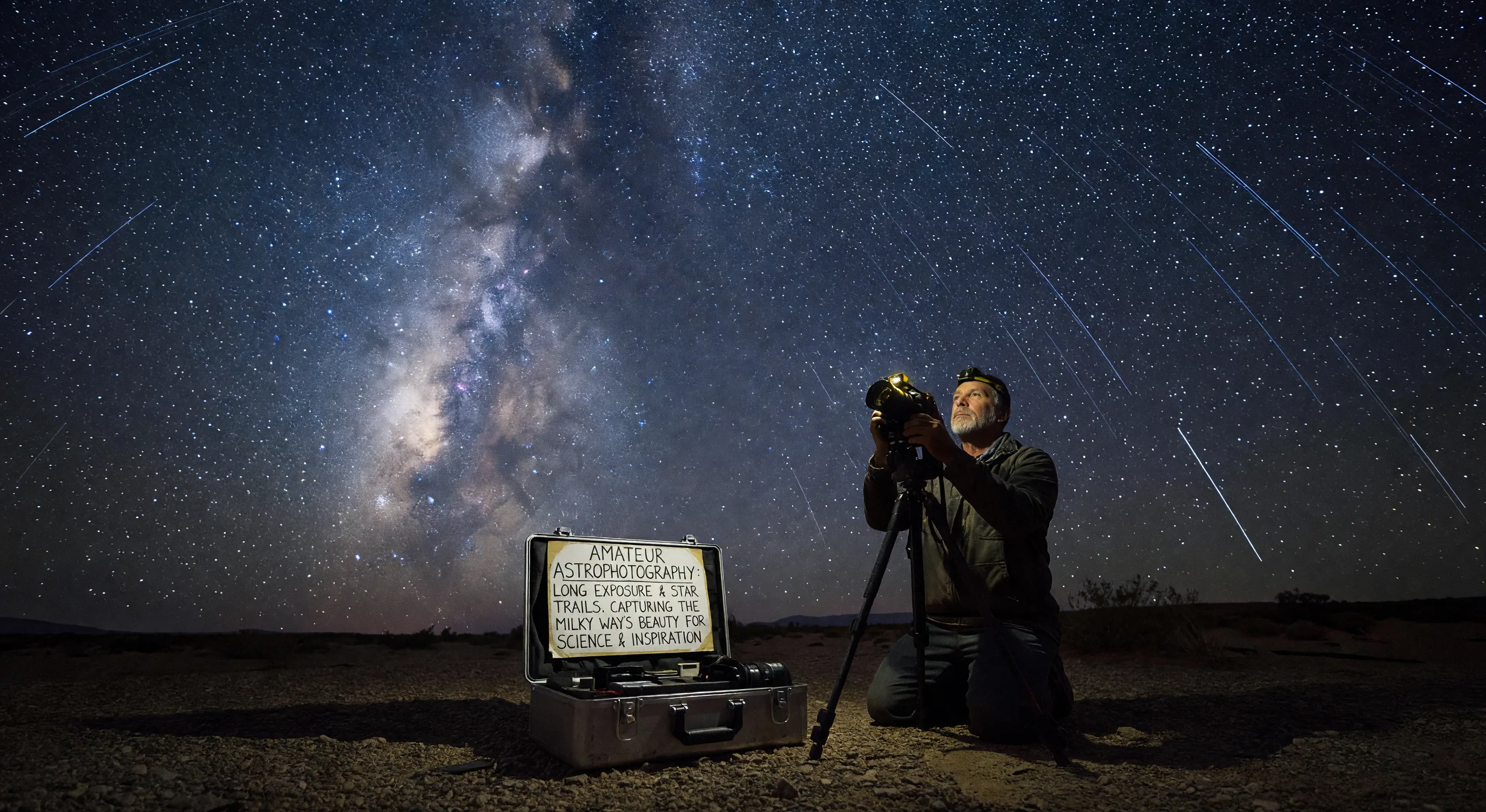 Amateur astrophotography setup with camera and tripod
