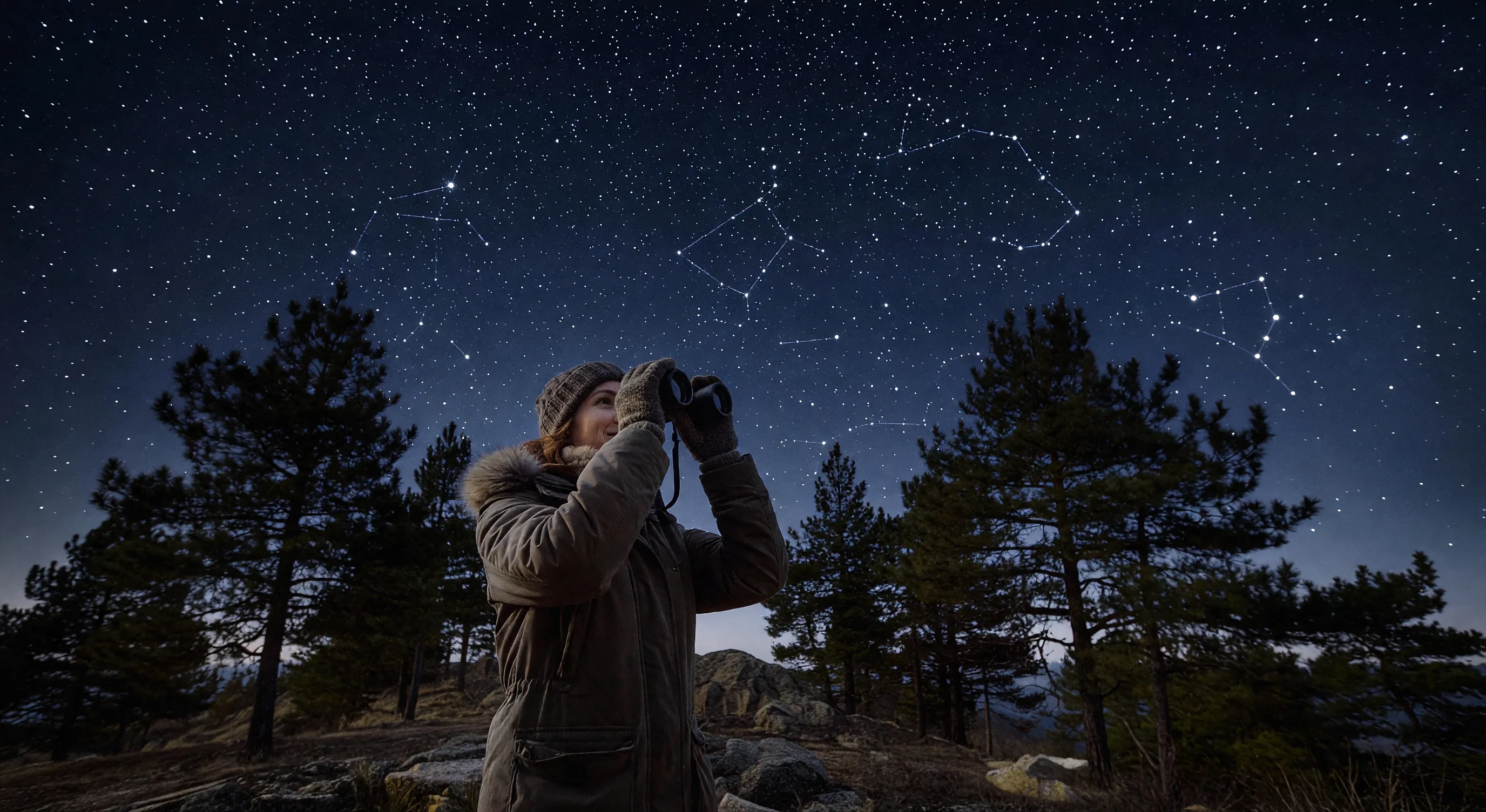 Person using binoculars to observe the night sky from a hill